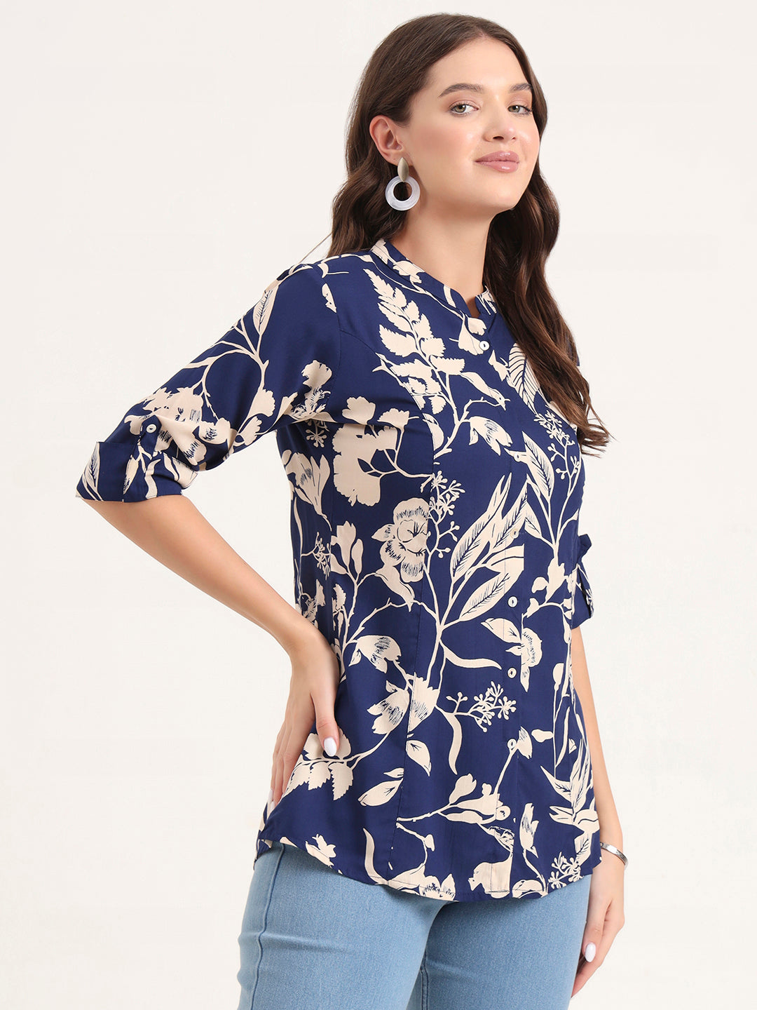 Divena Blue Rayon Rollup Sleeves A-Line Top
