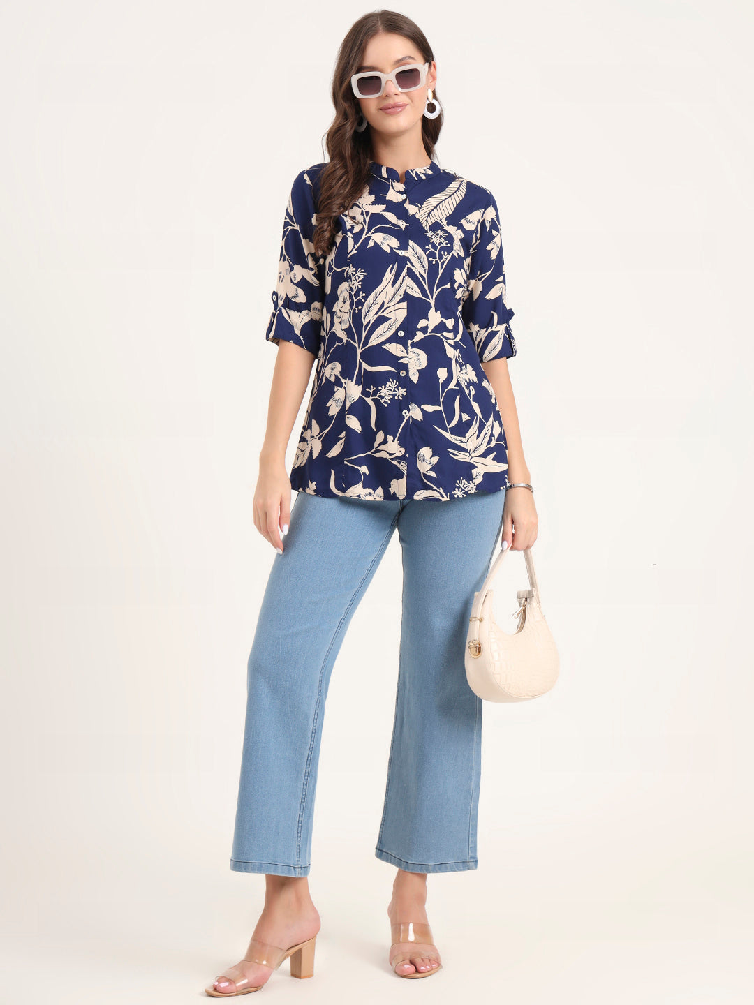 Divena Blue Rayon Rollup Sleeves A-Line Top