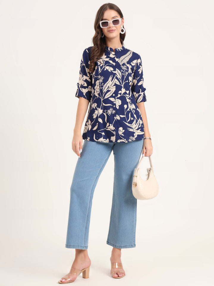 Divena Blue Rayon Rollup Sleeves A-Line Top