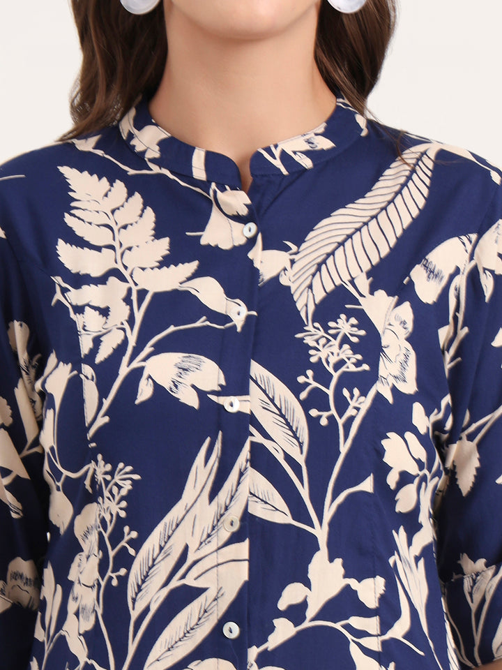 Divena Blue Rayon Rollup Sleeves A-Line Top