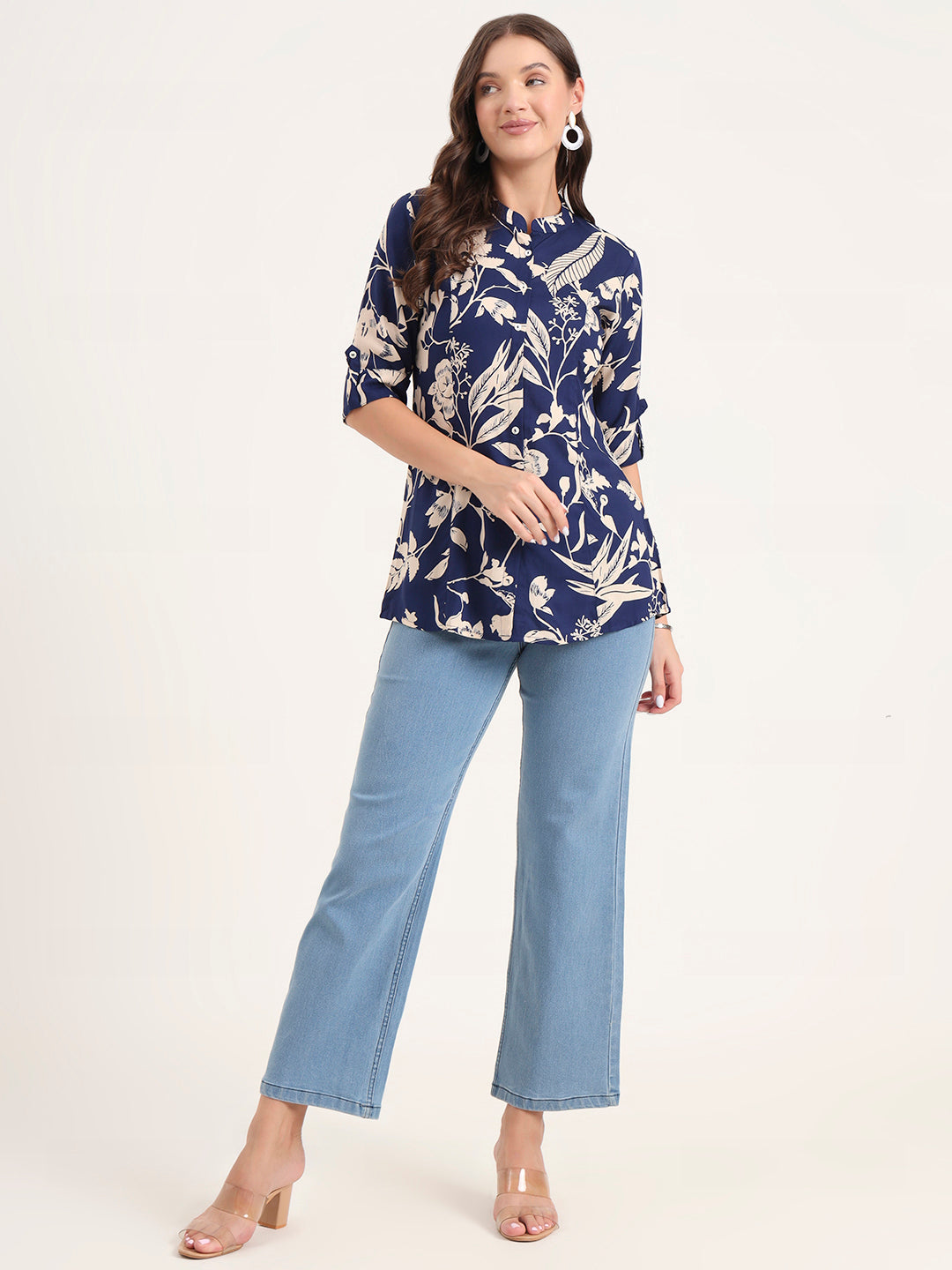 Divena Blue Rayon Rollup Sleeves A-Line Top