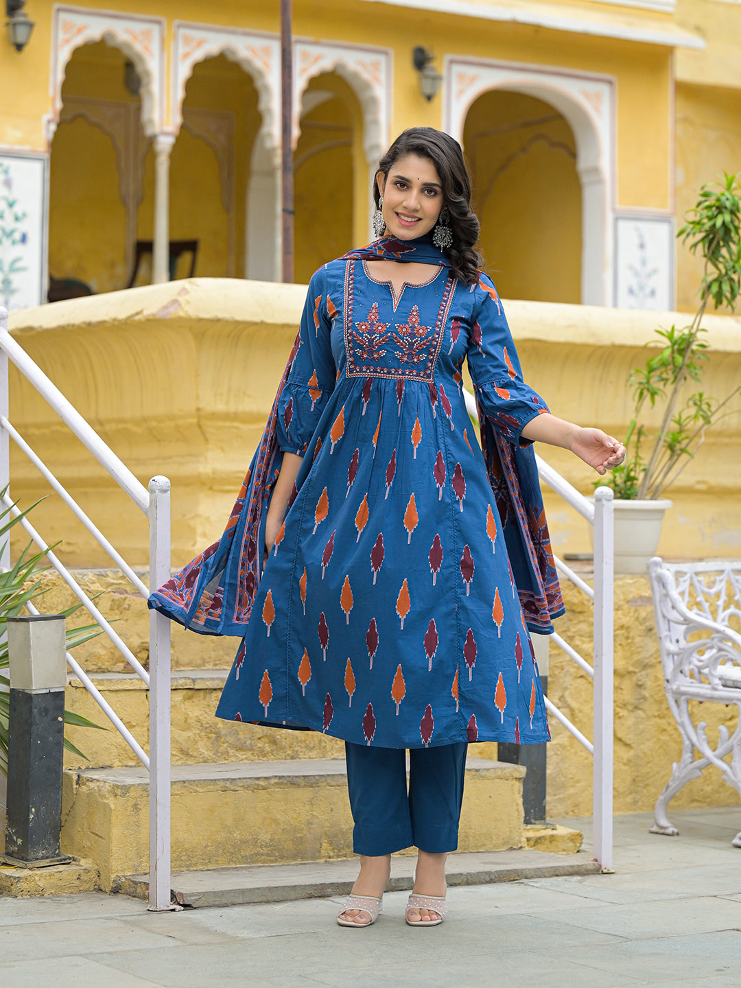 Navy Blue Cotton Embroidery Kurta Pant Set with Dupatta — view 1