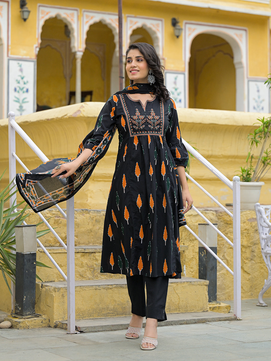 Black Cotton Embroidery Kurta Pant Set with Dupatta — view 1