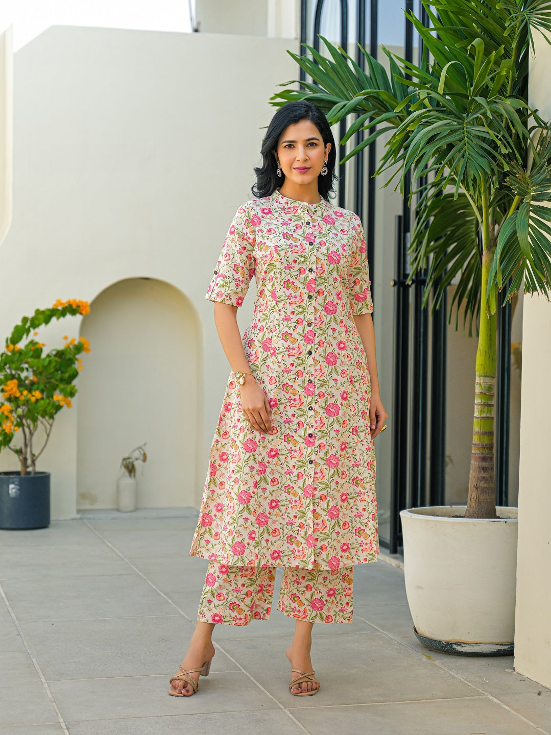 Divena Off White Floral A-Line Cotton Kurta Pant Sets