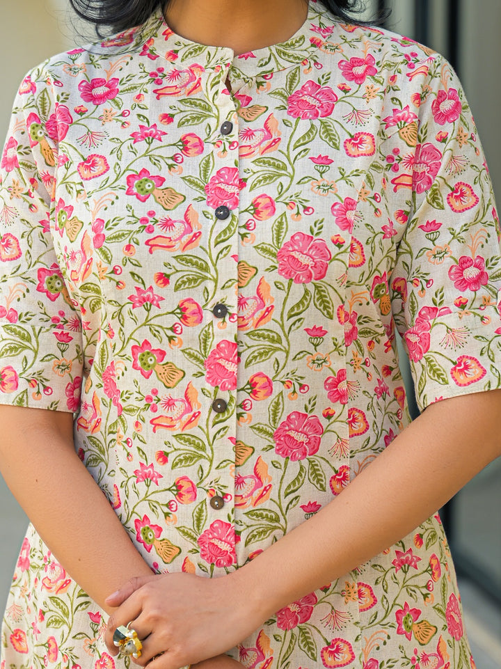 Divena Off White Floral A-Line Cotton Kurta Pant Sets