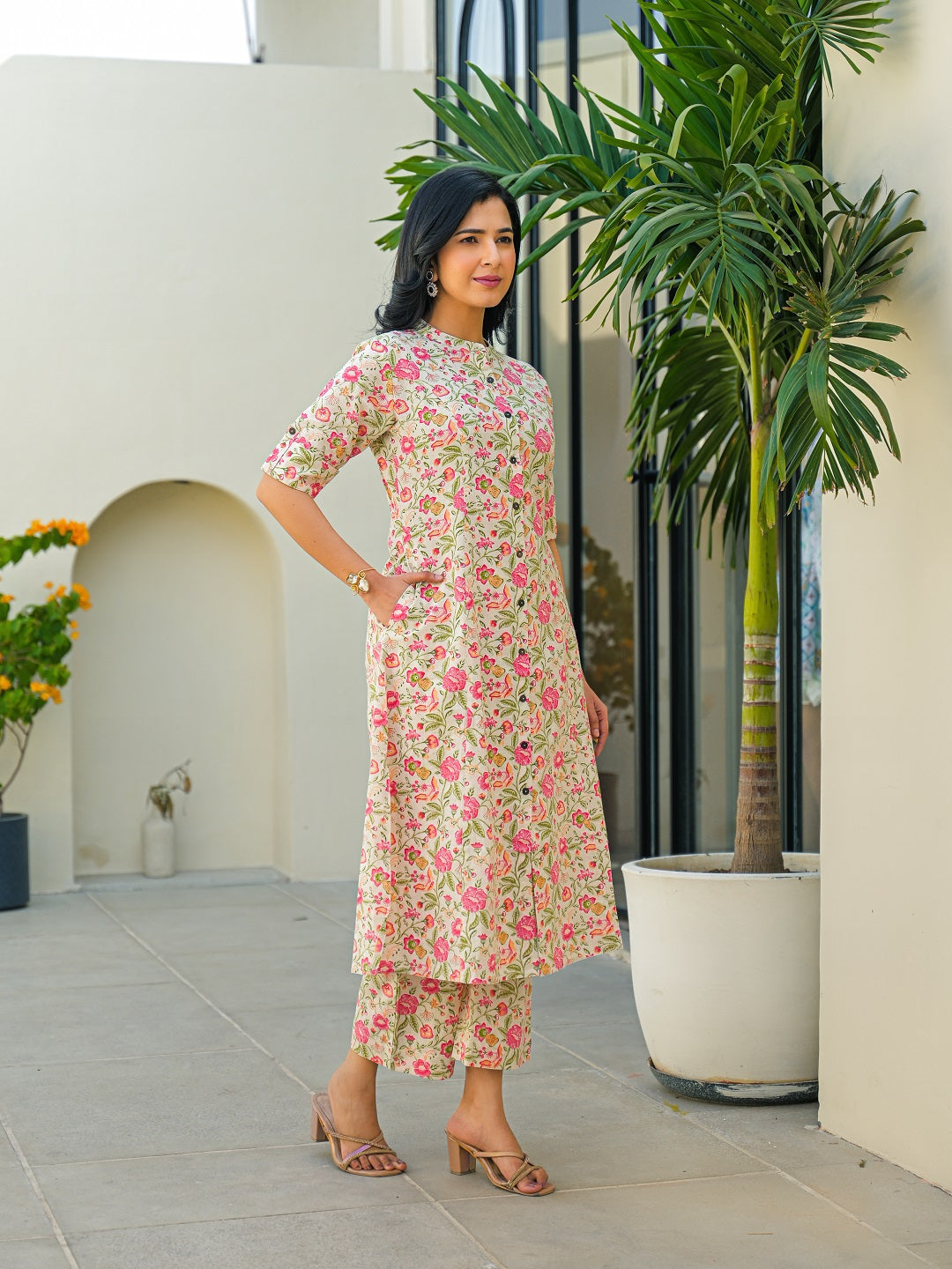 Divena Off White Floral A-Line Cotton Kurta Pant Sets