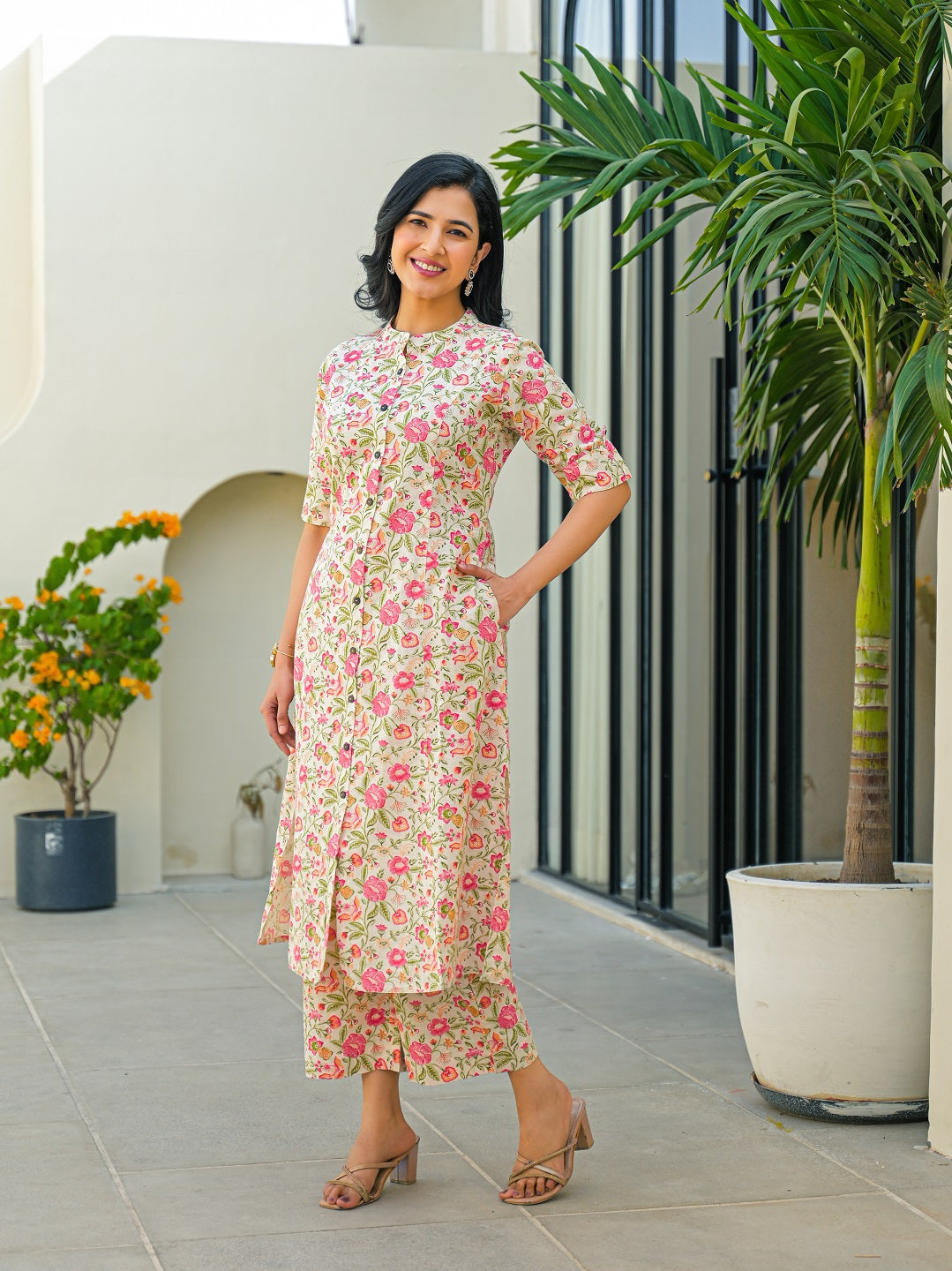 Divena Off White Floral A-Line Cotton Kurta Pant Sets