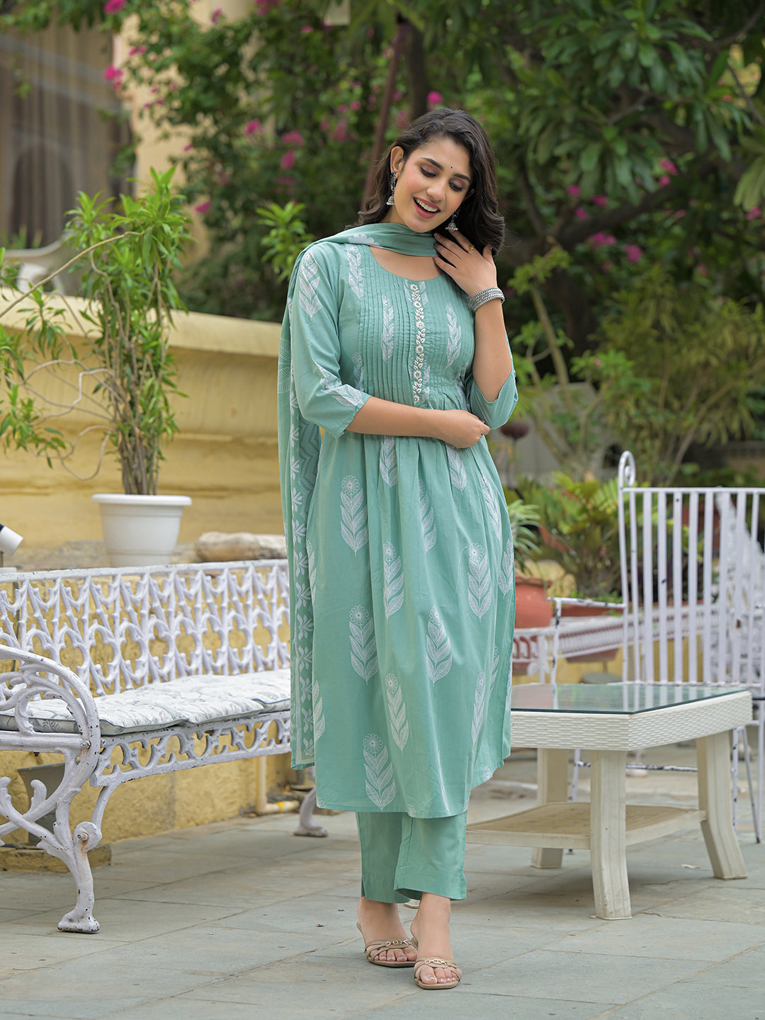 Teal Green Cotton Pintuck Design Kurta pant set with Dupatta — view 1