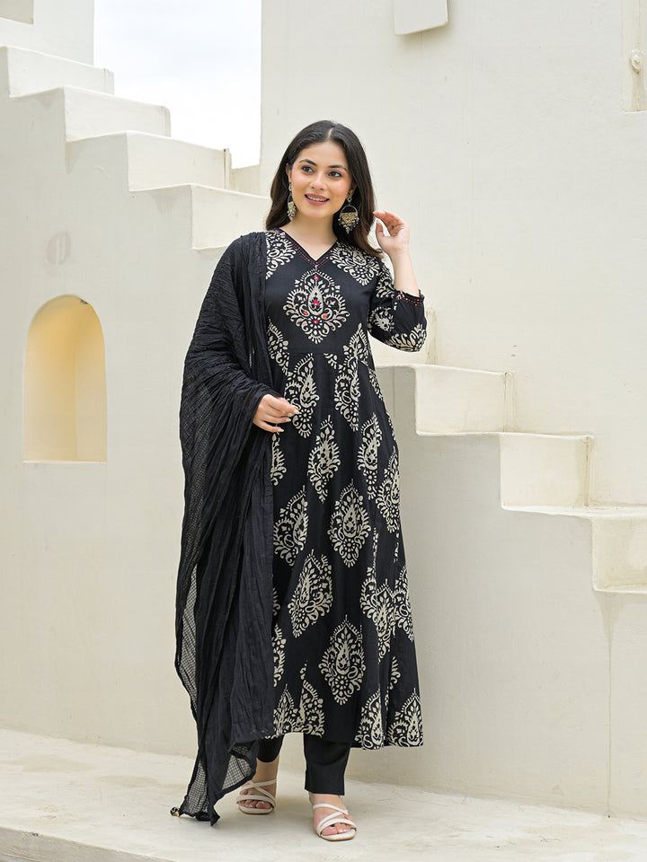 Divena Black Cotton Anarkali kurta Pant Set with Dupatta