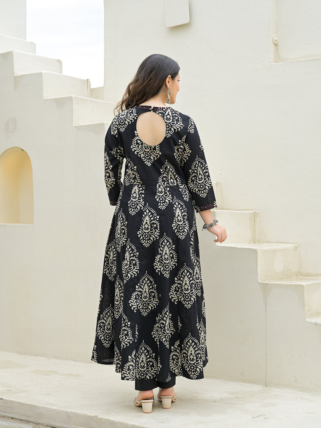 Divena Black Cotton Anarkali kurta Pant Set with Dupatta