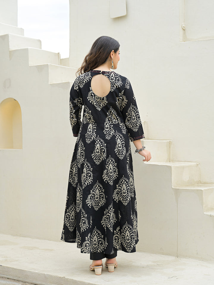 Divena Black Cotton Anarkali kurta Pant Set with Dupatta