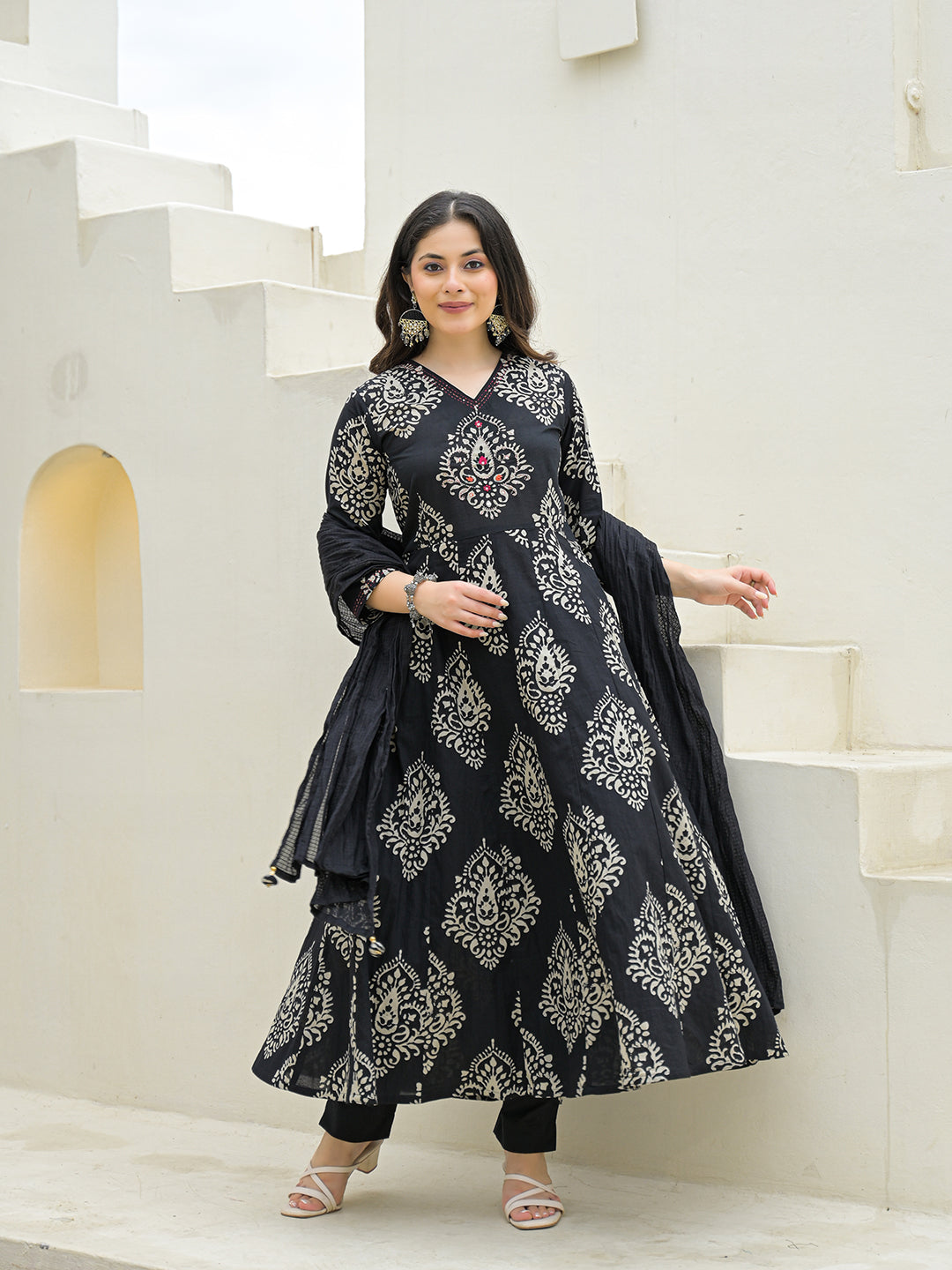 Divena Black Cotton Anarkali kurta Pant Set with Dupatta