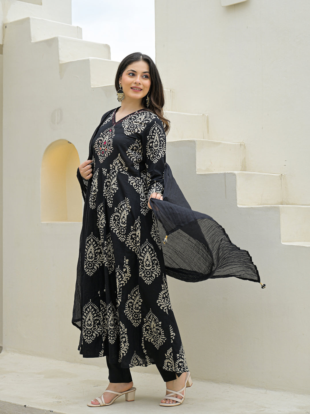 Divena Black Cotton Anarkali kurta Pant Set with Dupatta