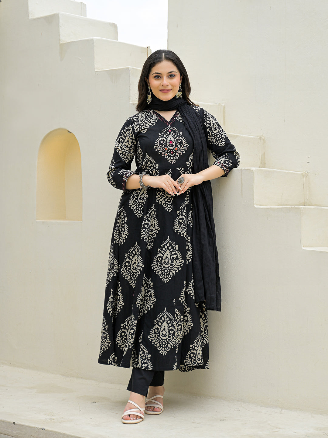 Divena Black Cotton Anarkali kurta Pant Set with Dupatta