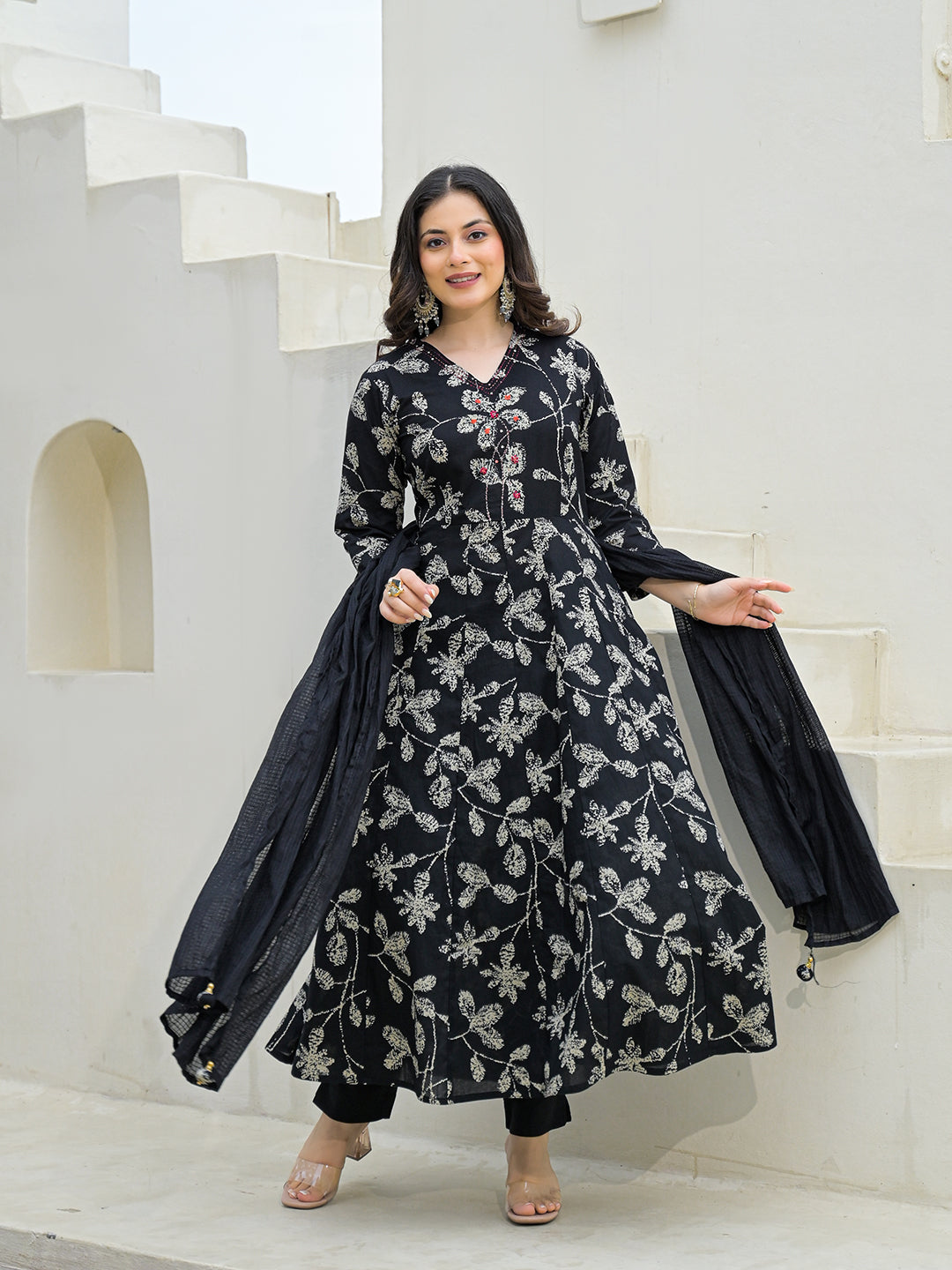 Black Cotton Anarkali kurta Pant Set with Dupatta — view 1