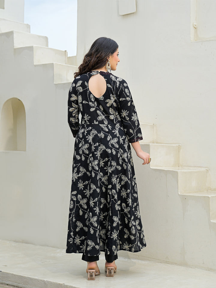 Divena Black Cotton Anarkali kurta Pant Set with Dupatta