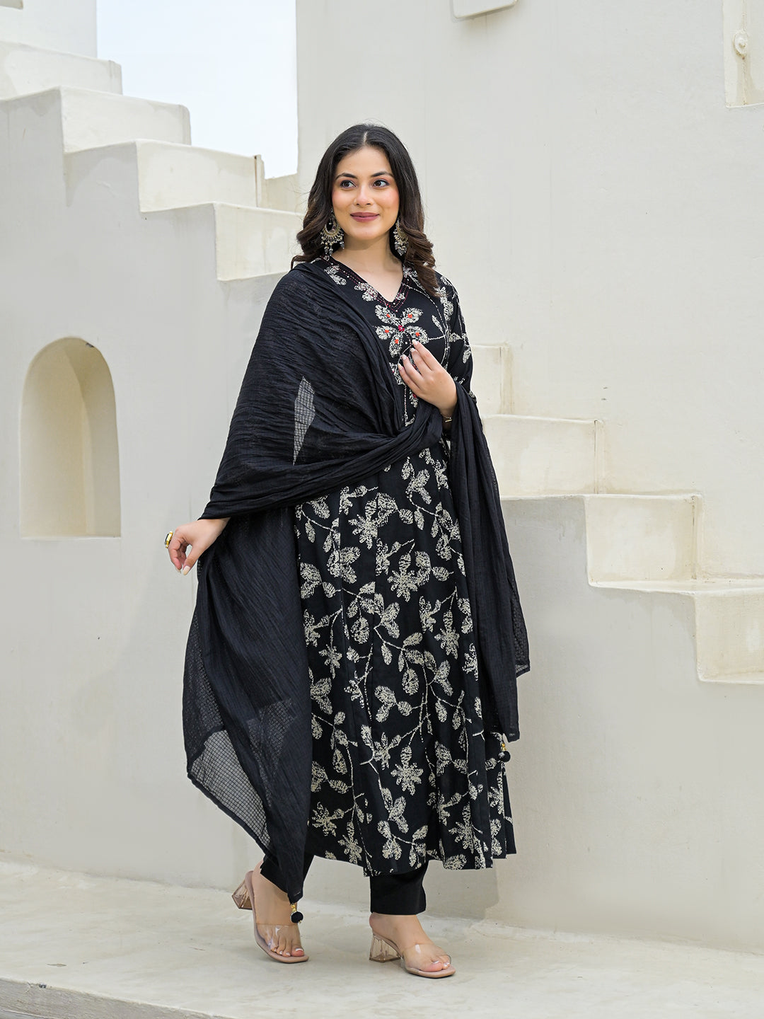 Divena Black Cotton Anarkali kurta Pant Set with Dupatta