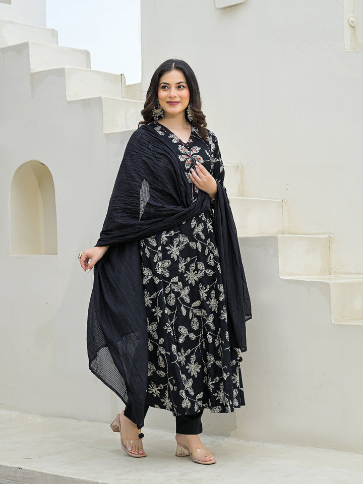 Divena Black Cotton Anarkali kurta Pant Set with Dupatta