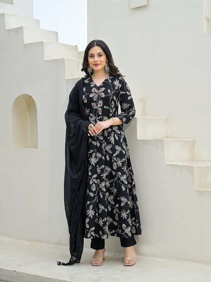 Divena Black Cotton Anarkali kurta Pant Set with Dupatta