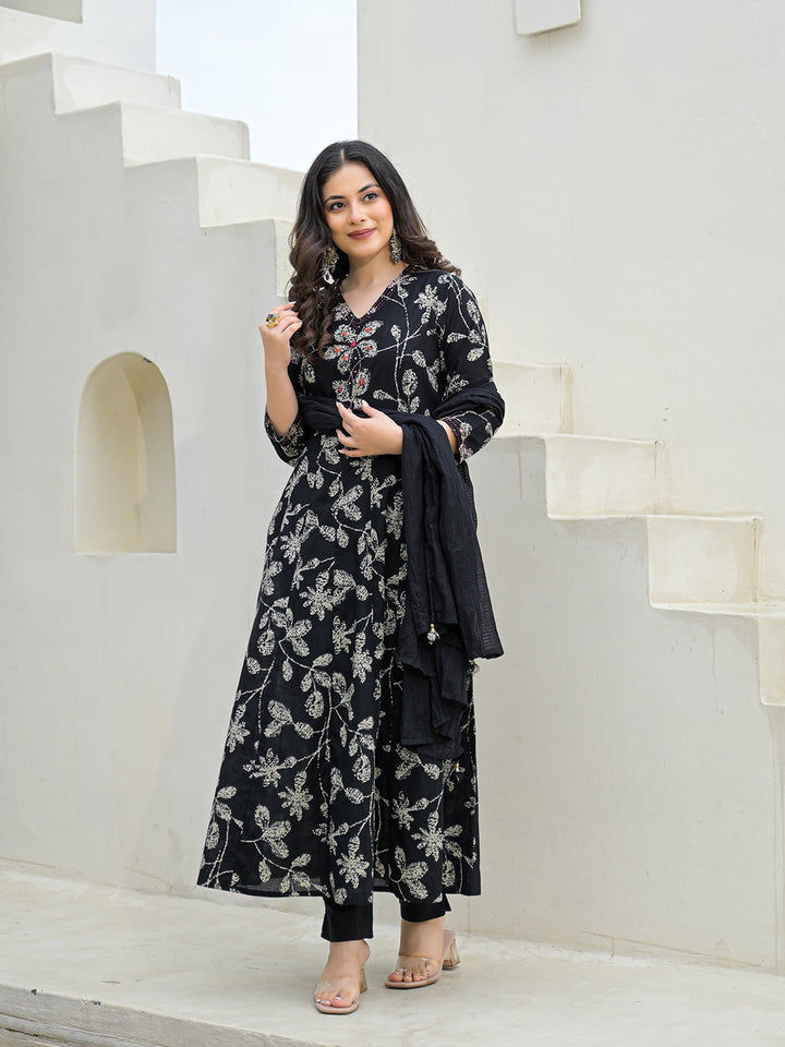 Divena Black Cotton Anarkali kurta Pant Set with Dupatta