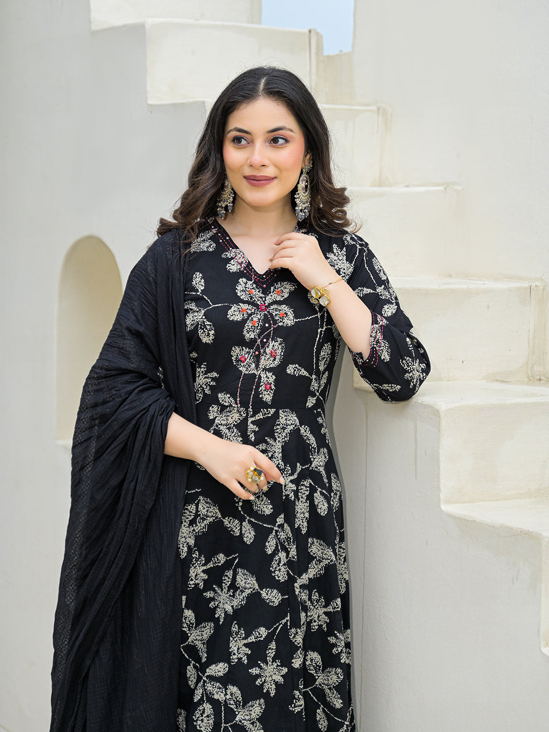 Divena Black Cotton Anarkali kurta Pant Set with Dupatta