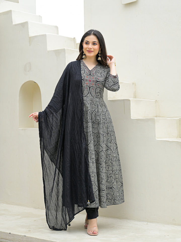 Divena Black Cotton Anarkali kurta Pant Set with Dupatta