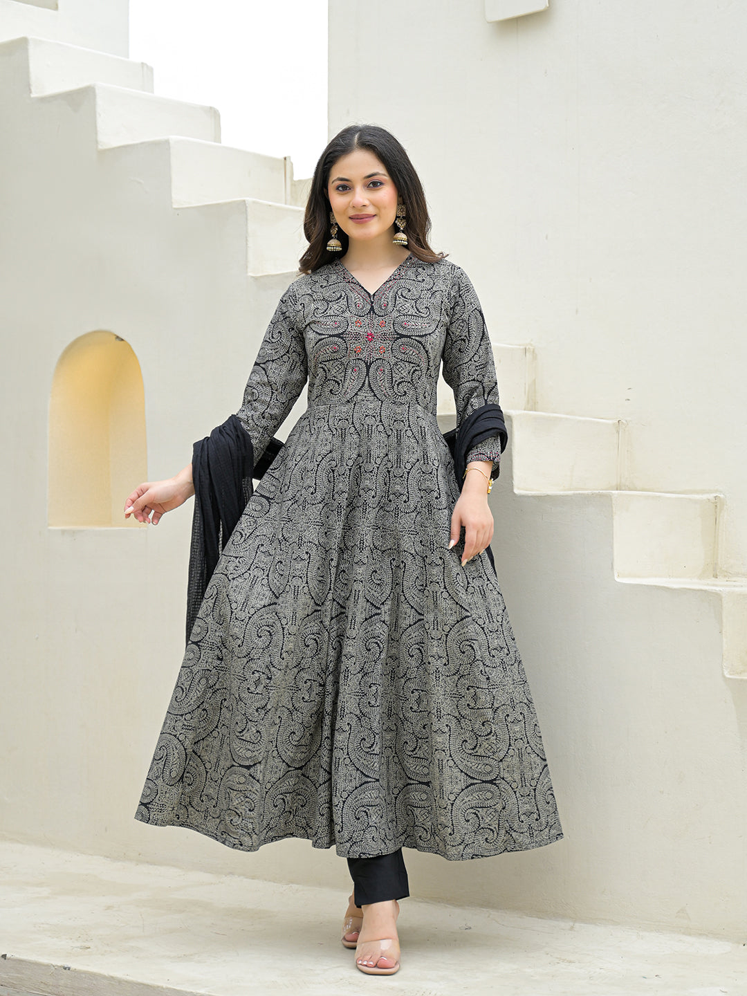 Divena Black Cotton Anarkali kurta Pant Set with Dupatta