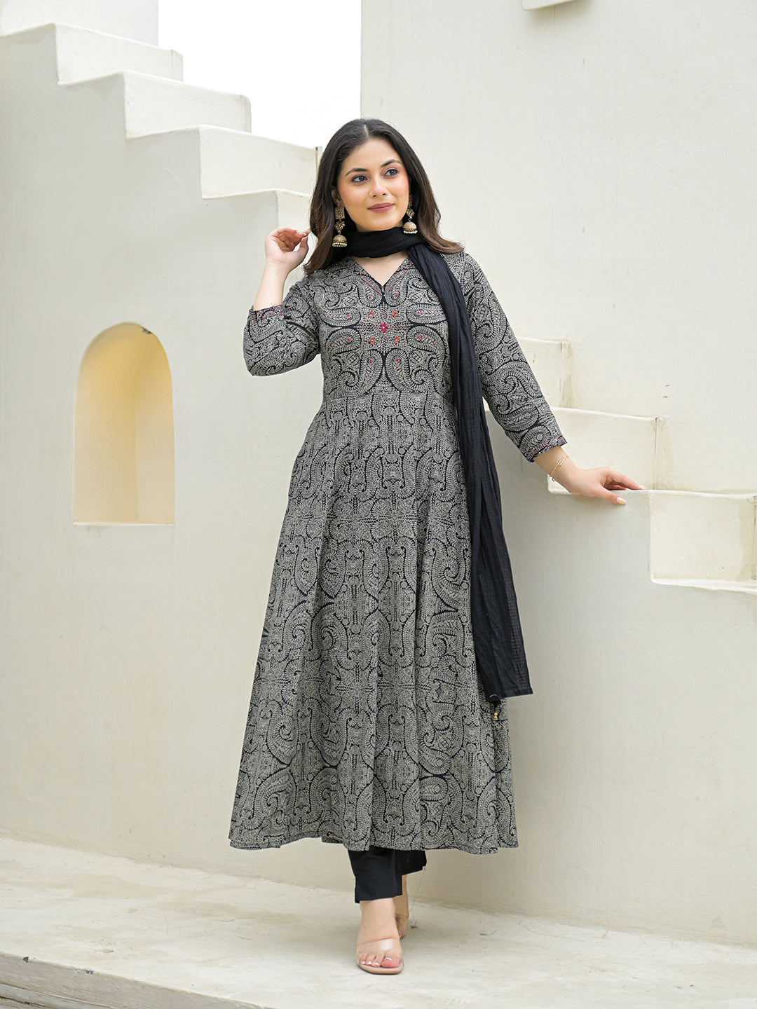 Divena Black Cotton Anarkali kurta Pant Set with Dupatta