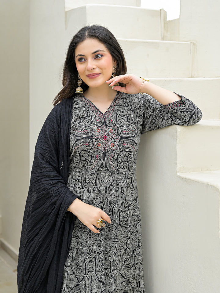 Divena Black Cotton Anarkali kurta Pant Set with Dupatta
