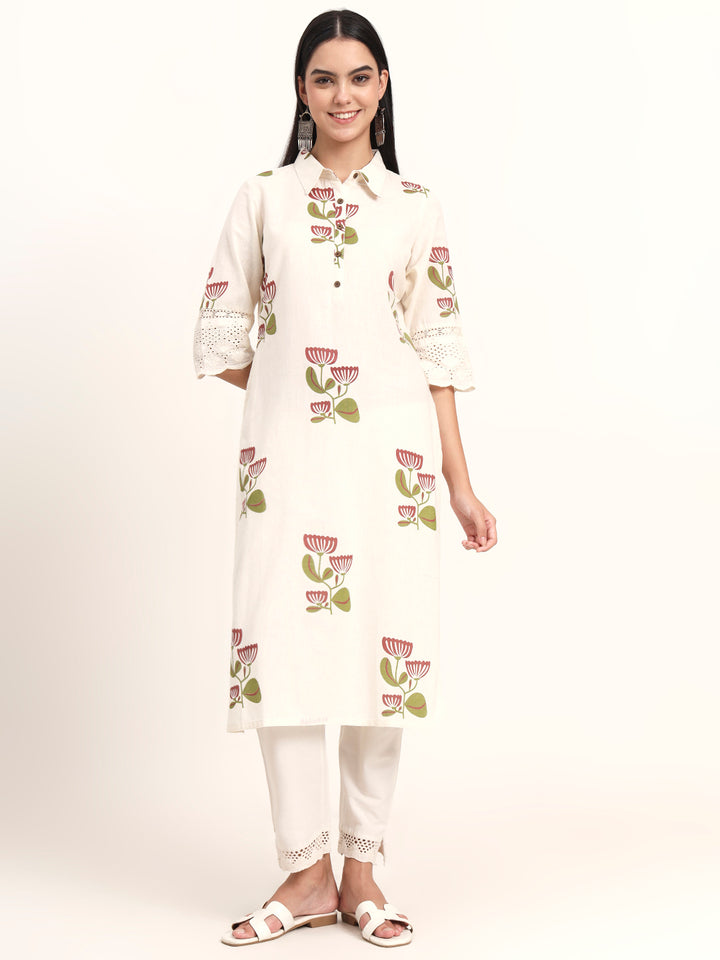 Divena Off White Floral Cotton A-Line Kurta