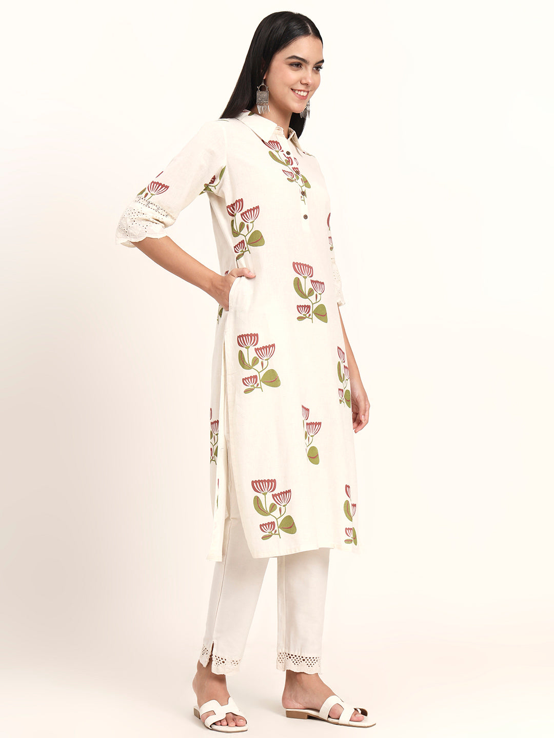 Divena Off White Floral Cotton A-Line Kurta