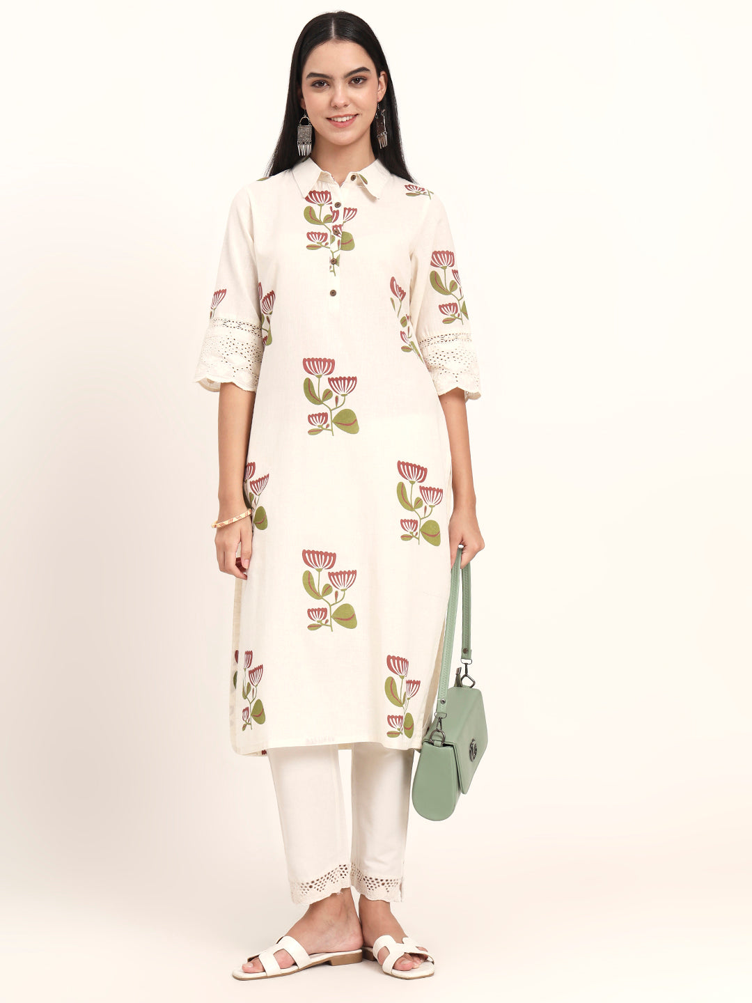 Divena Off White Floral Cotton A-Line Kurta