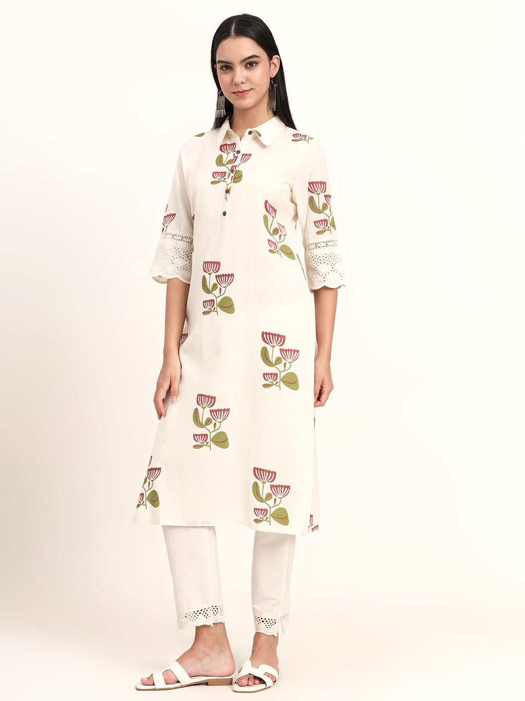 Divena Off White Floral Cotton A-Line Kurta