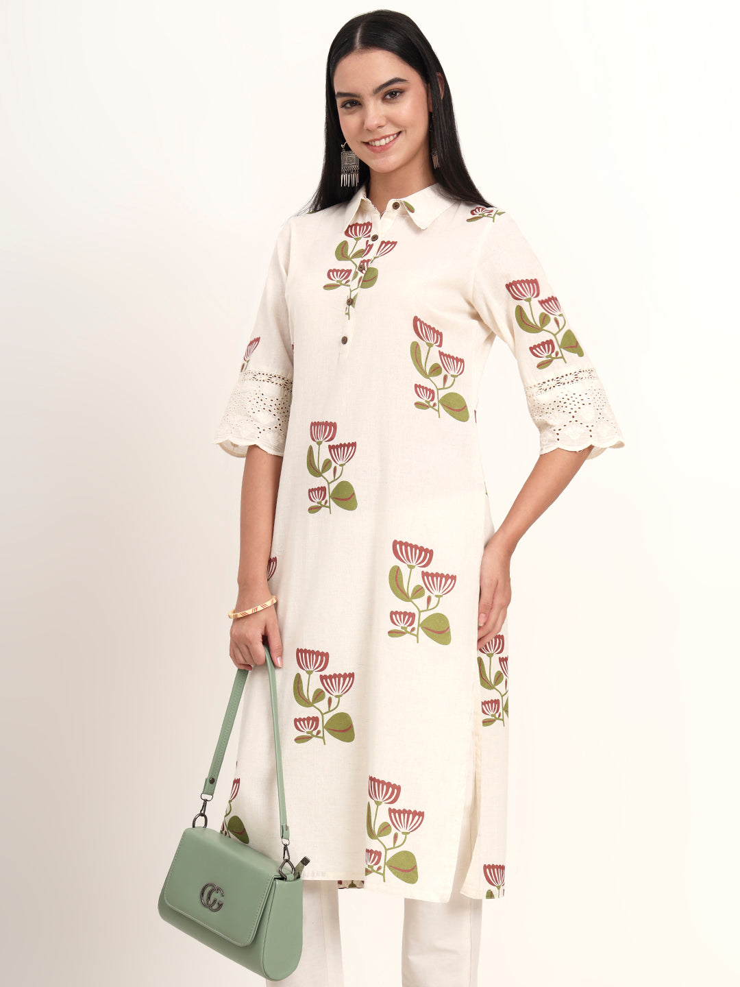 Off White Floral Cotton A-Line Kurta — view 1