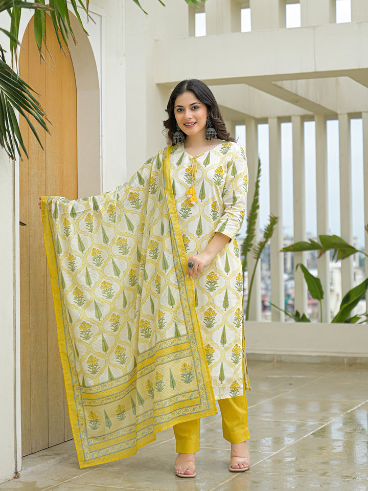 Divena Yellow Cotton Straight Kurta Pant Set with Dupattta