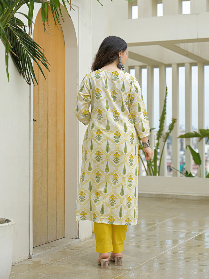Divena Yellow Cotton Straight Kurta Pant Set with Dupattta