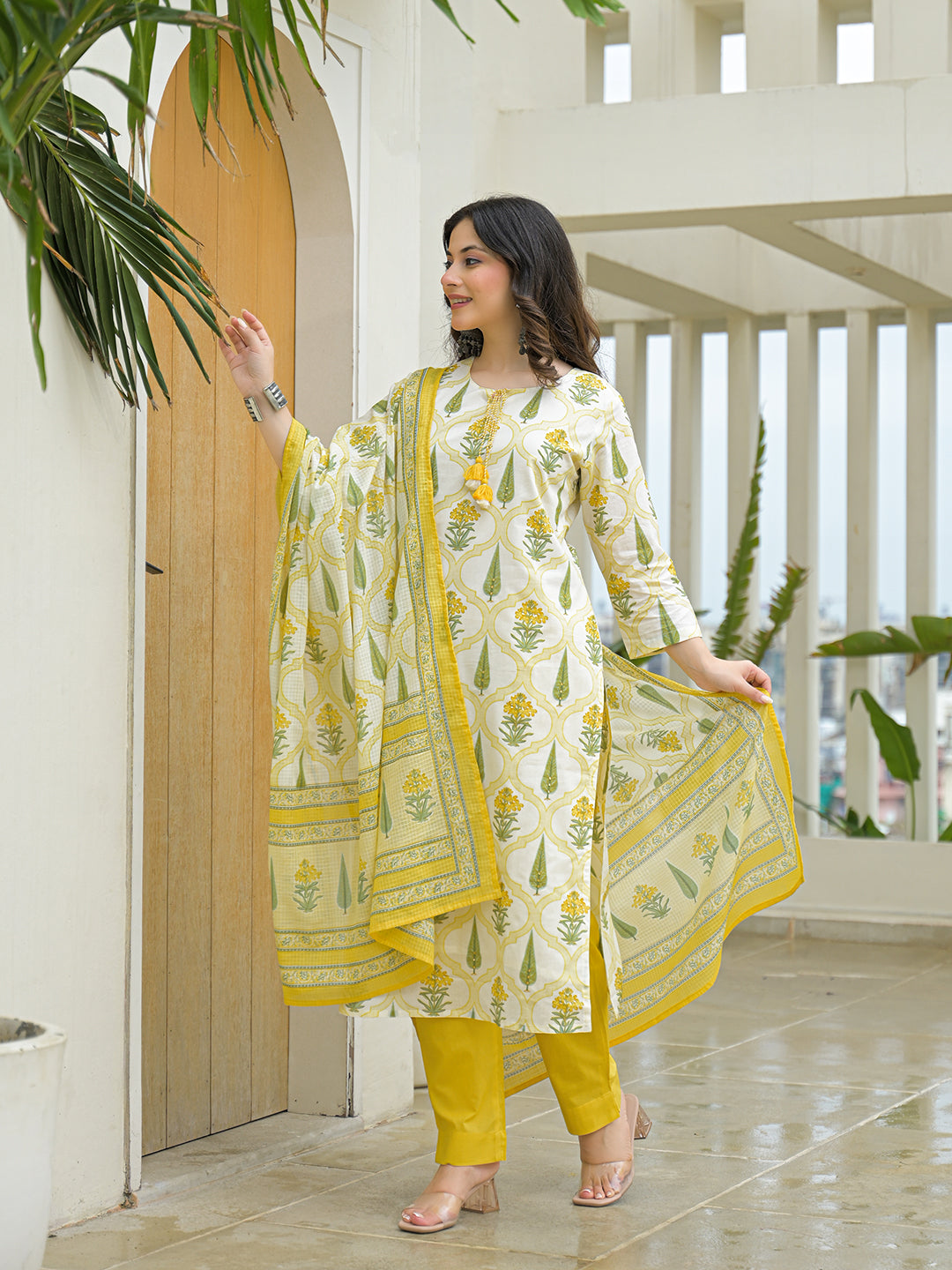 Divena Yellow Cotton Straight Kurta Pant Set with Dupattta