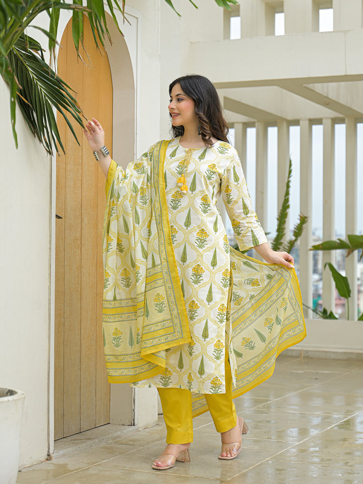 Divena Yellow Cotton Straight Kurta Pant Set with Dupattta
