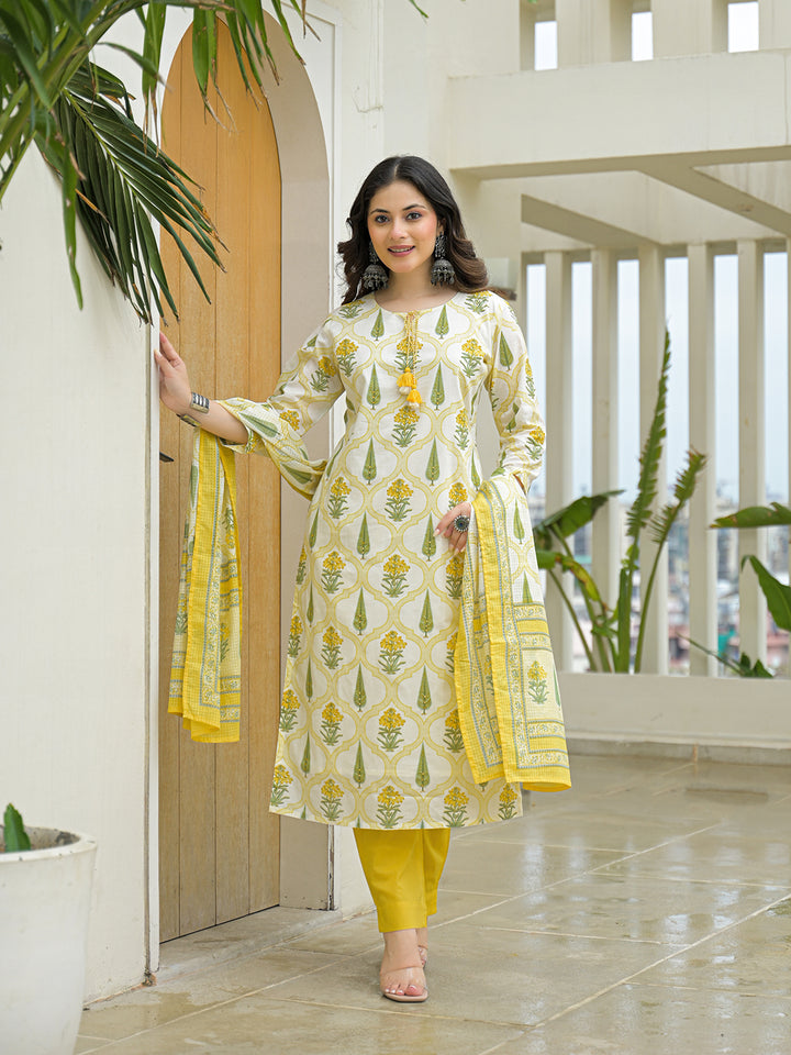 Divena Yellow Cotton Straight Kurta Pant Set with Dupattta