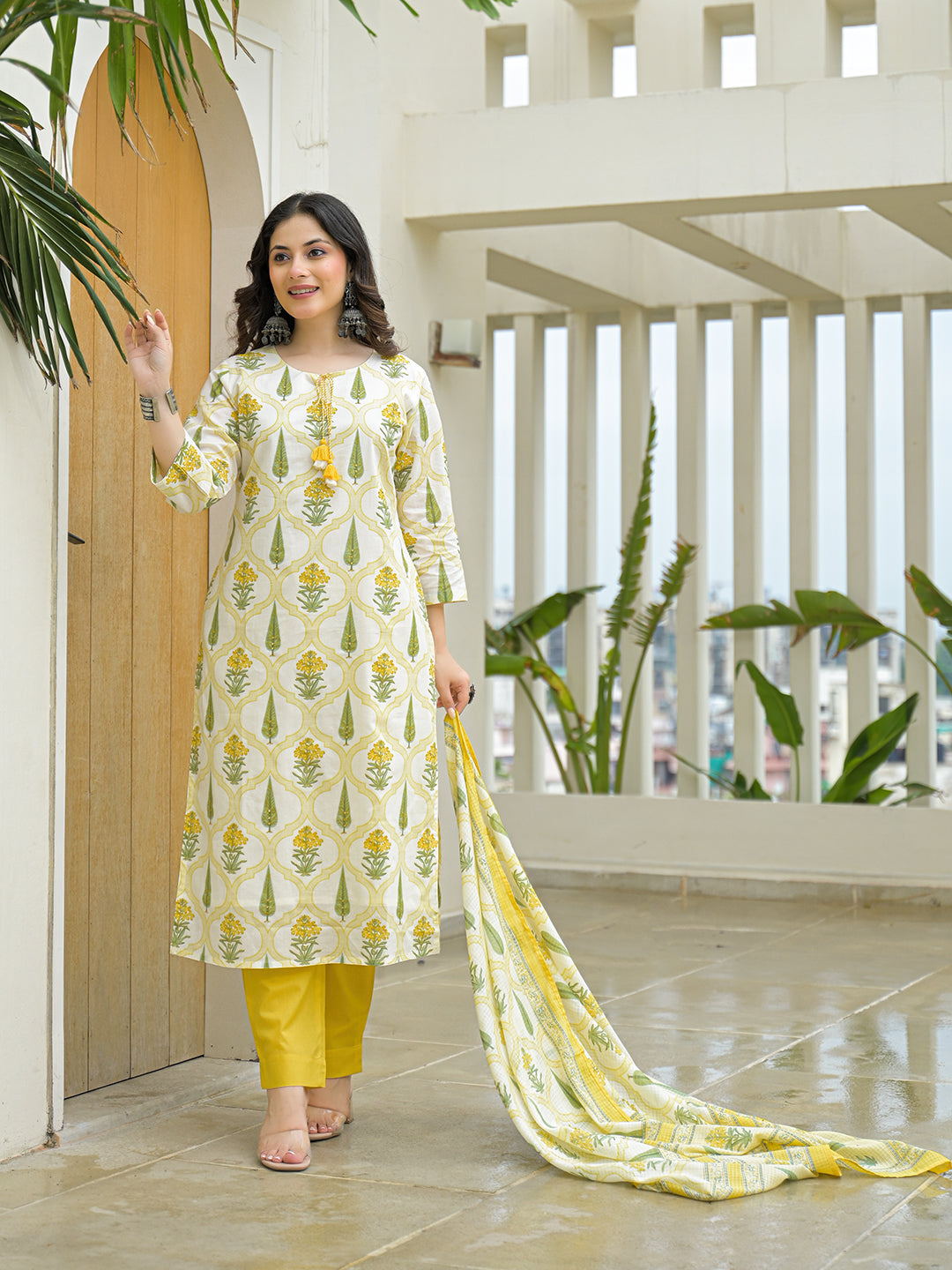 Divena Yellow Cotton Straight Kurta Pant Set with Dupattta