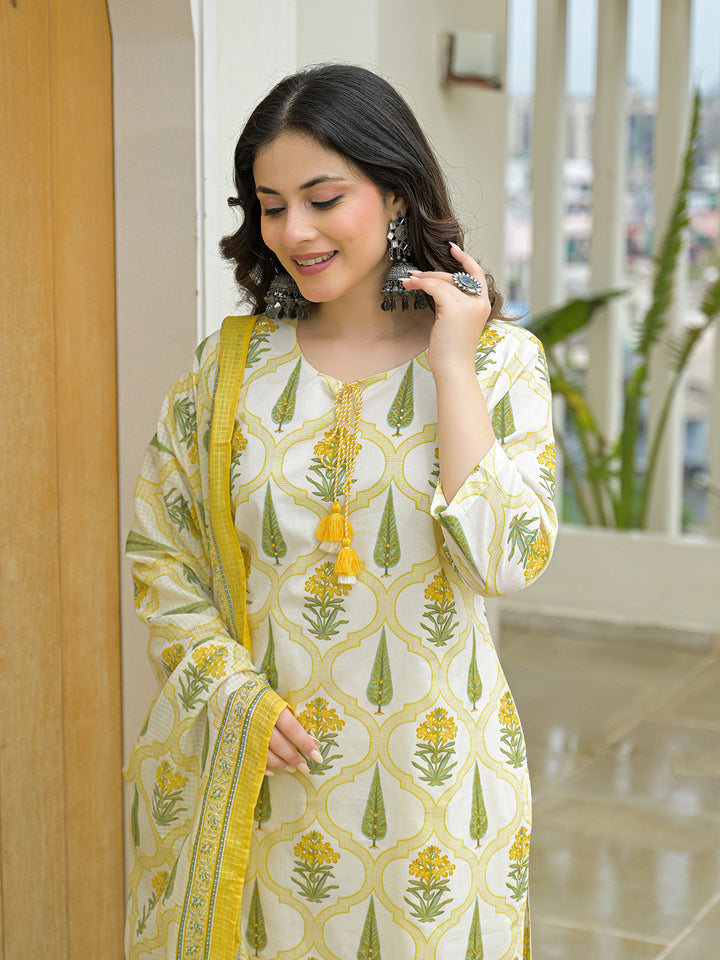 Divena Yellow Cotton Straight Kurta Pant Set with Dupattta