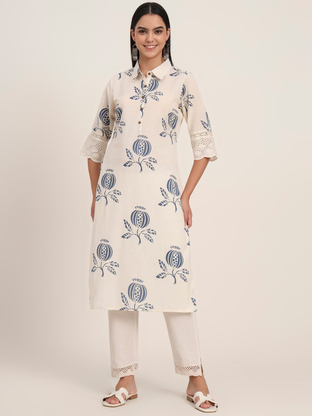 Divena Off White Floral Cotton A-Line Kurta