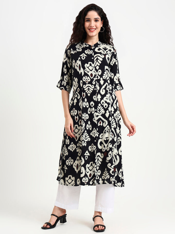 Divena Black Asymetric Print Rayon Kurta