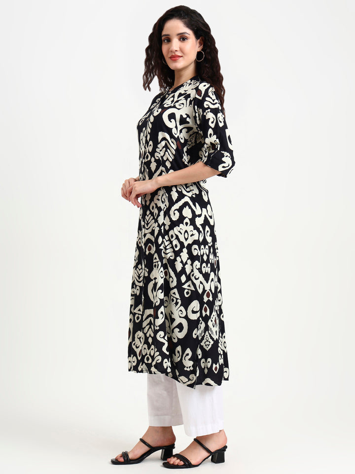 Divena Black Asymetric Print Rayon Kurta