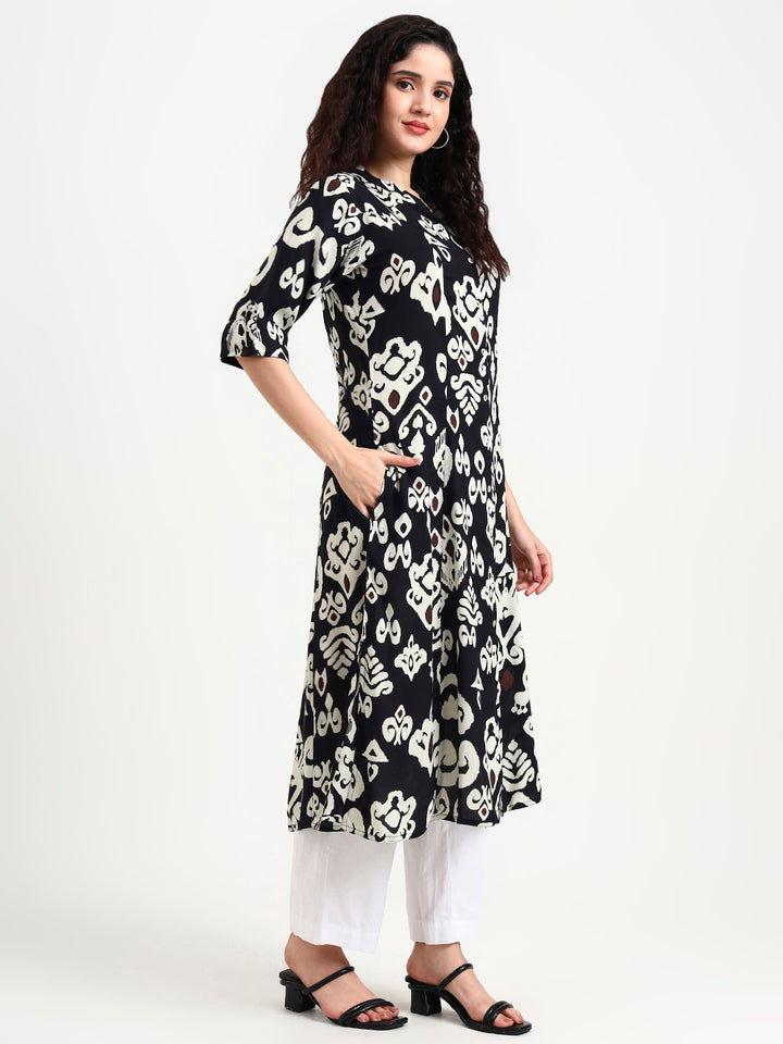 Divena Black Asymetric Print Rayon Kurta