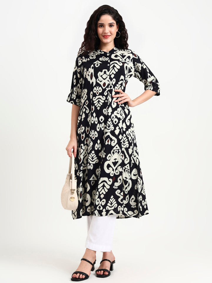 Divena Black Asymetric Print Rayon Kurta