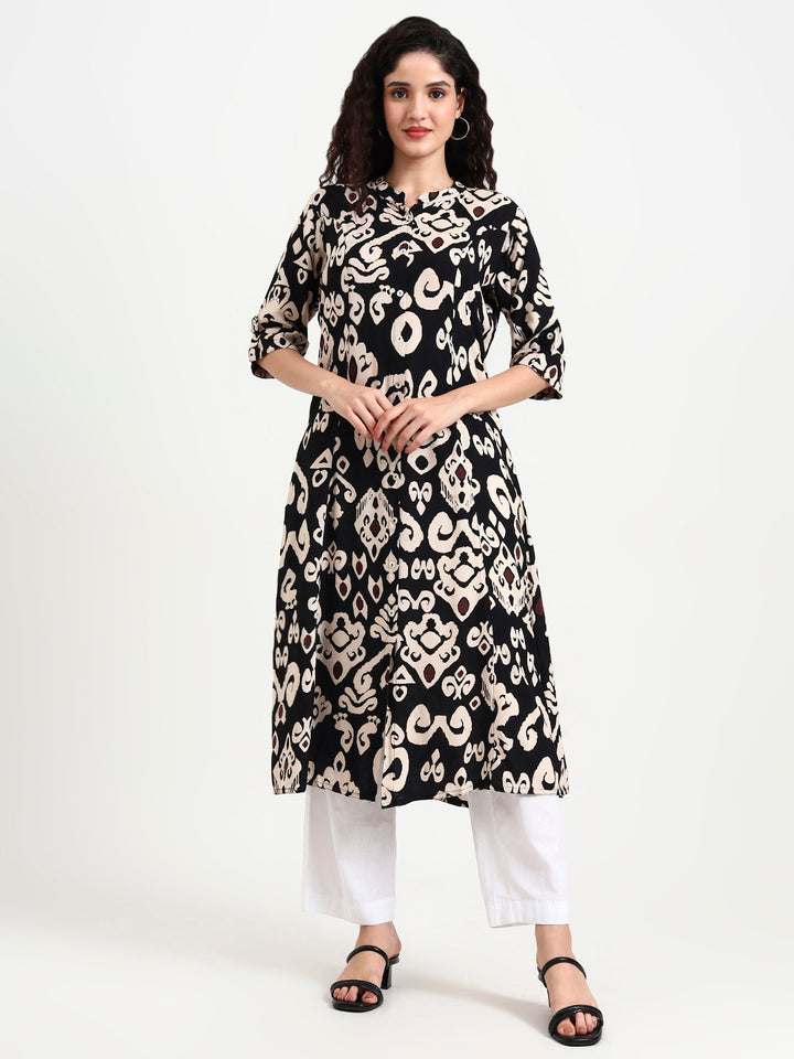 Divena Black Asymetric Print Rayon Kurta