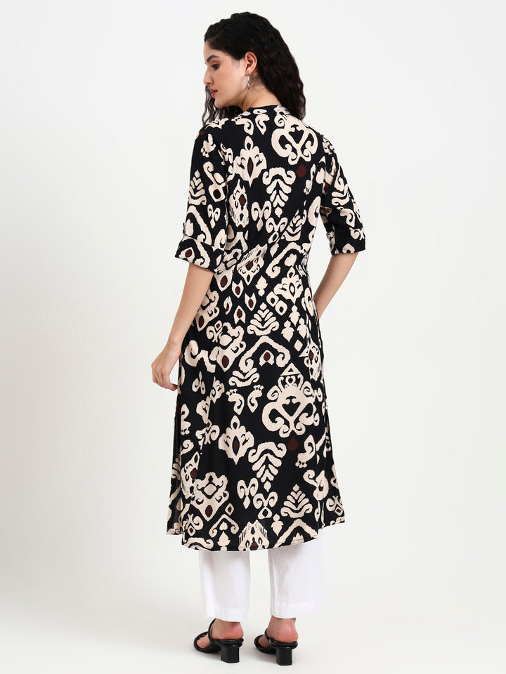 Divena Black Asymetric Print Rayon Kurta