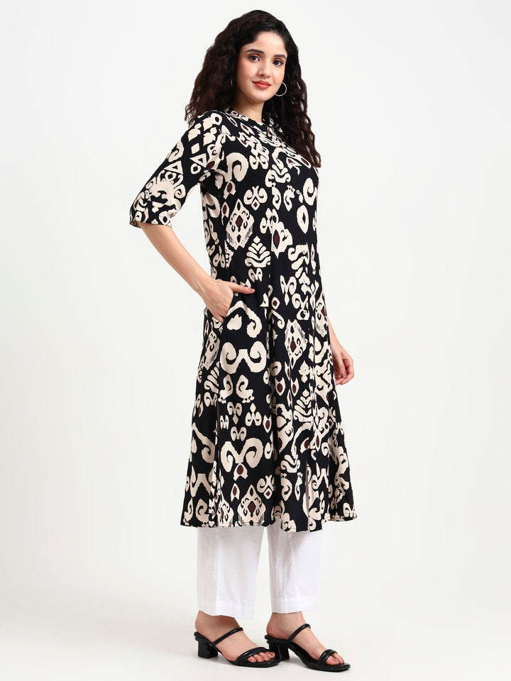 Divena Black Asymetric Print Rayon Kurta