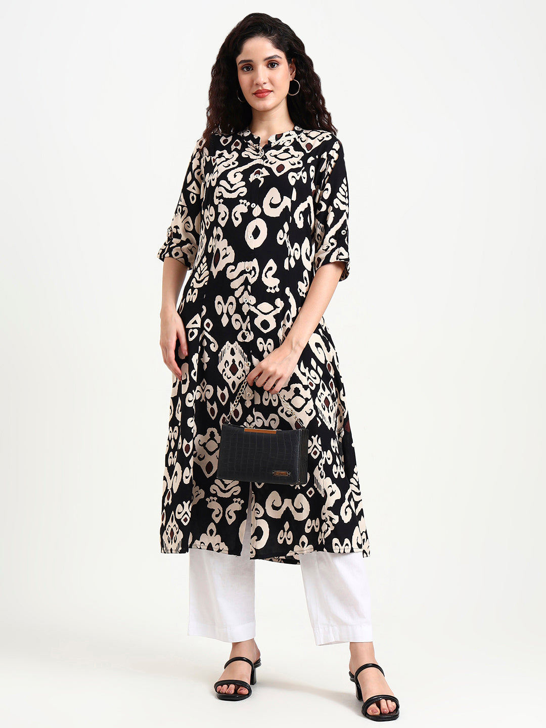 Divena Black Asymetric Print Rayon Kurta